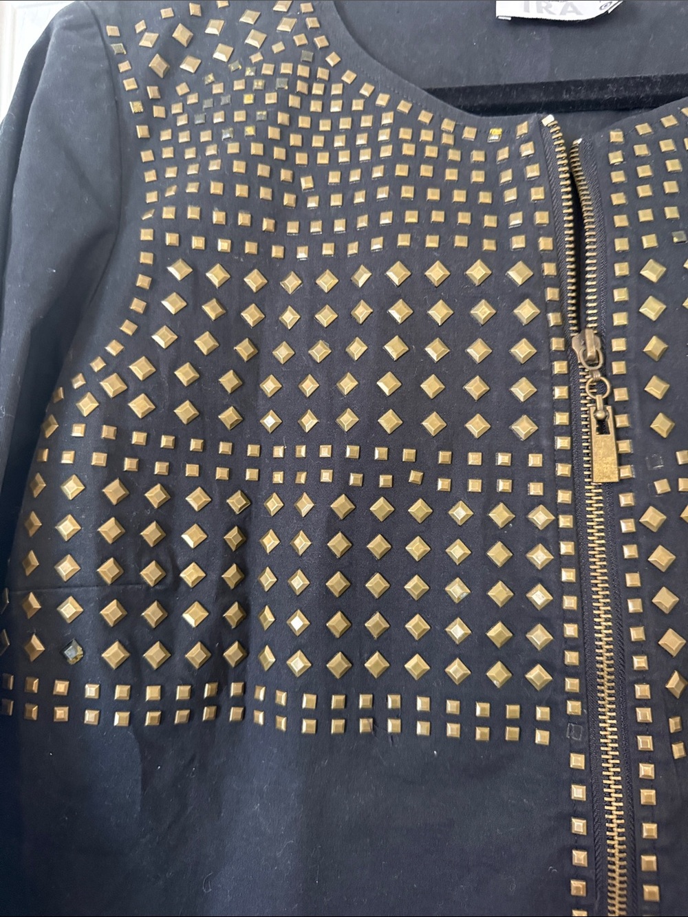 IRA Black Studded Zip Front Jacket Cotton Blend Bronze Studded Size PM - Picture 3 of 12